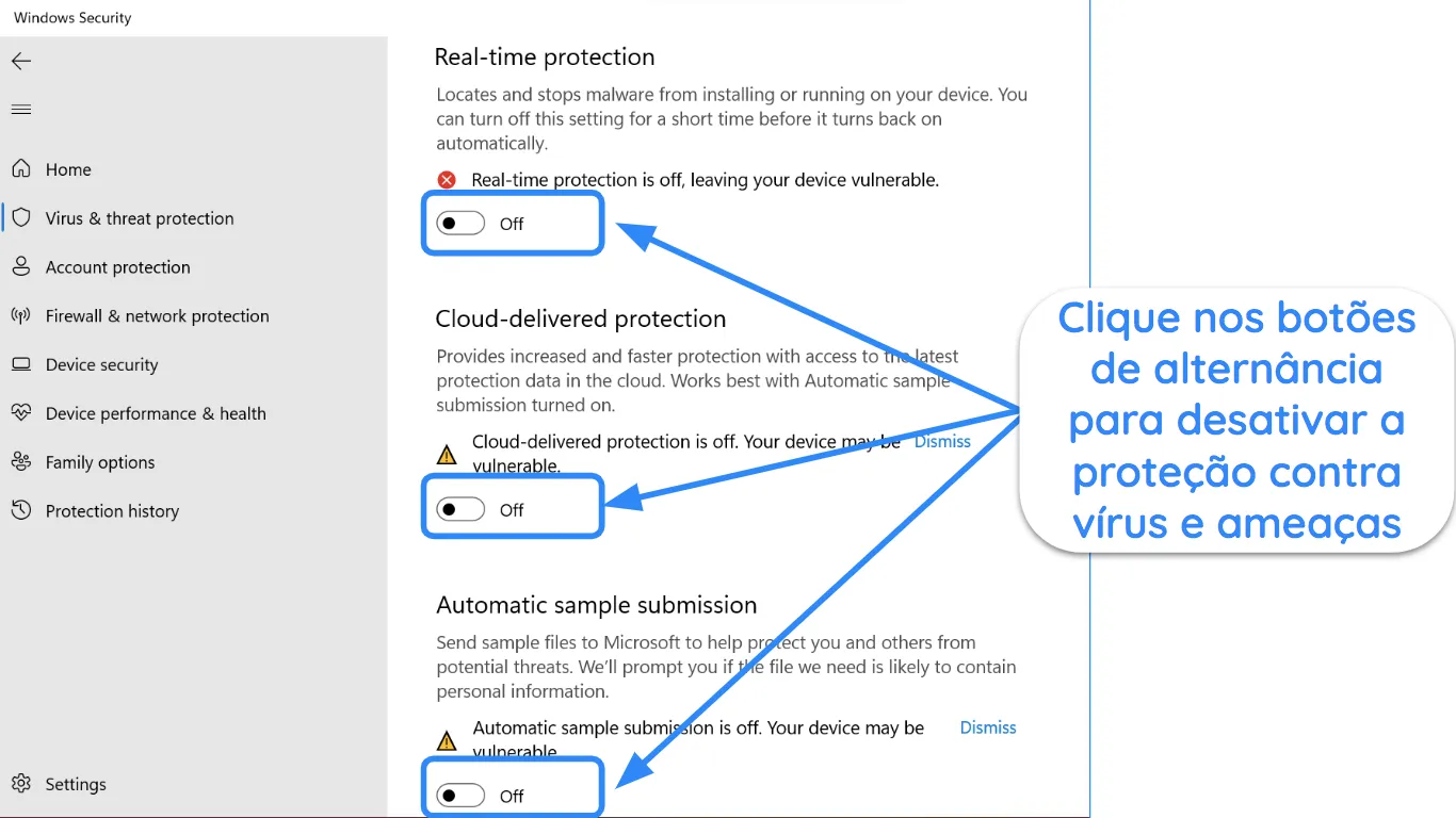 Captura de tela do aplicativo Windows Security mostrando a prote&ccedil;&atilde;o contra v&iacute;rus e amea&ccedil;as desativada.