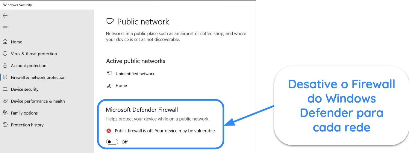 Captura de tela do aplicativo Windows Security mostrando o Firewall do Microsoft Defender desativado.