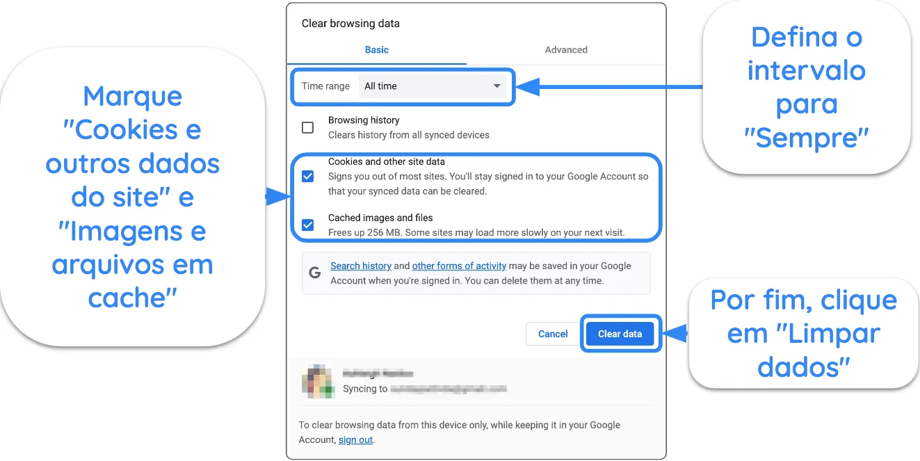 Captura de tela do Google Chrome exibindo as configura&ccedil;&otilde;es para limpar o cache e os cookies.