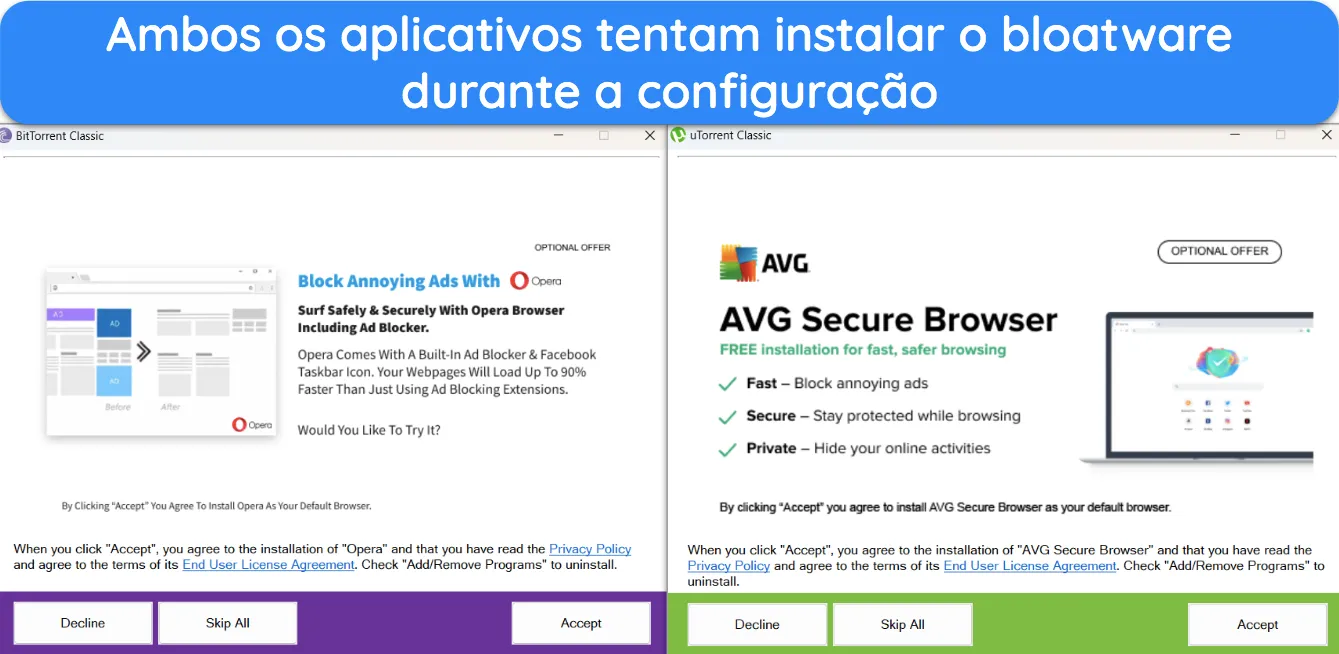 Captura de tela mostrando o BitTorrent e o uTorrent tentando instalar outros aplicativos durante o processo de configuração.