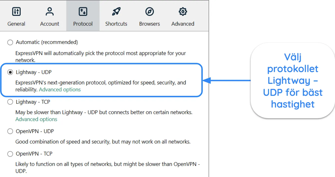 Skärmdump av ExpressVPN-gränssnittet som visar Lightway - UDP-protokoll valt.