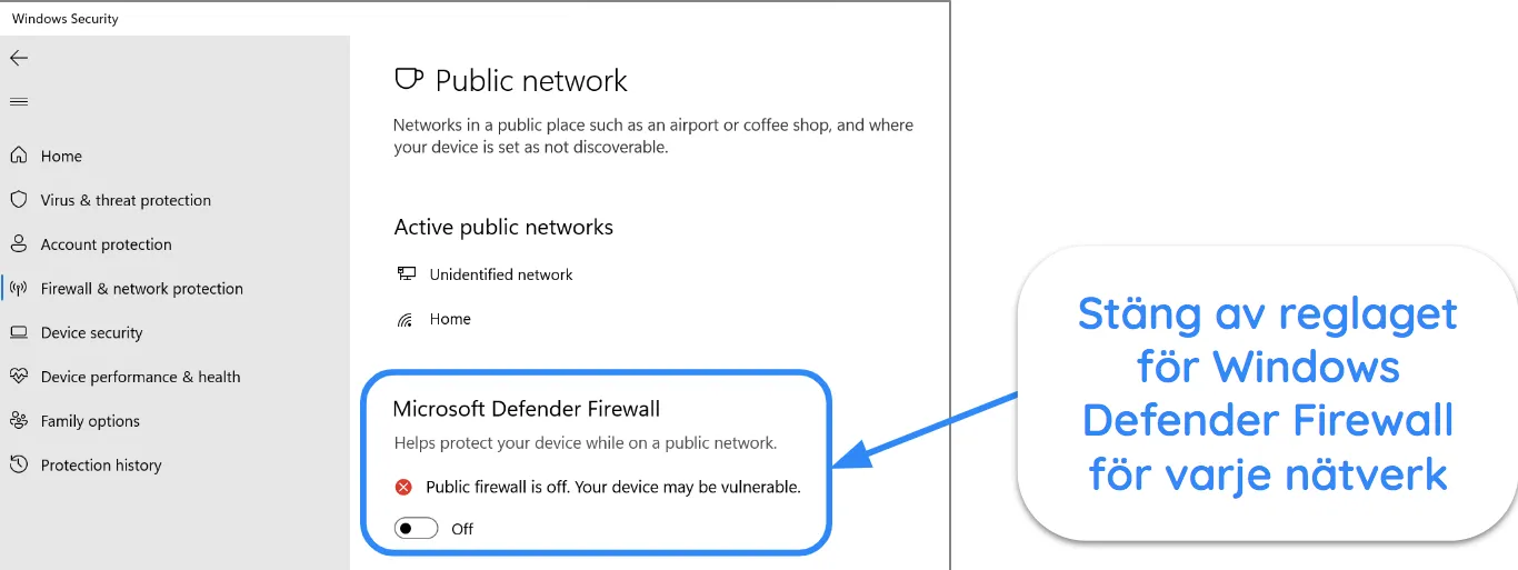 Skärmdump av Windows Security-appen som visar Microsoft Defender-brandväggen avstängd.