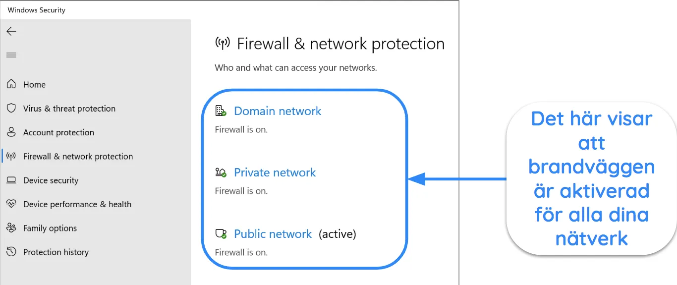 Skärmdump av Windows Security-appen som visar brandväggs- och nätverksskyddsstatus.