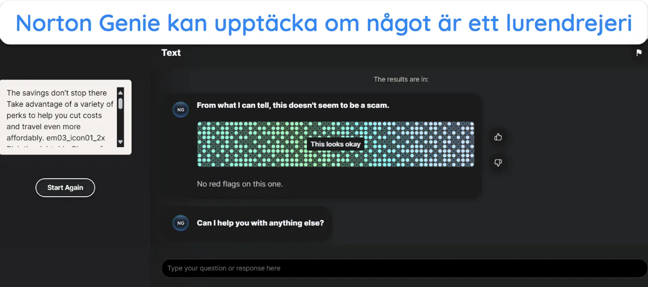 Skärmdump av Norton Genie som kontrollerar om innehållet i ett e-postmeddelande innehåller bedrägerier
