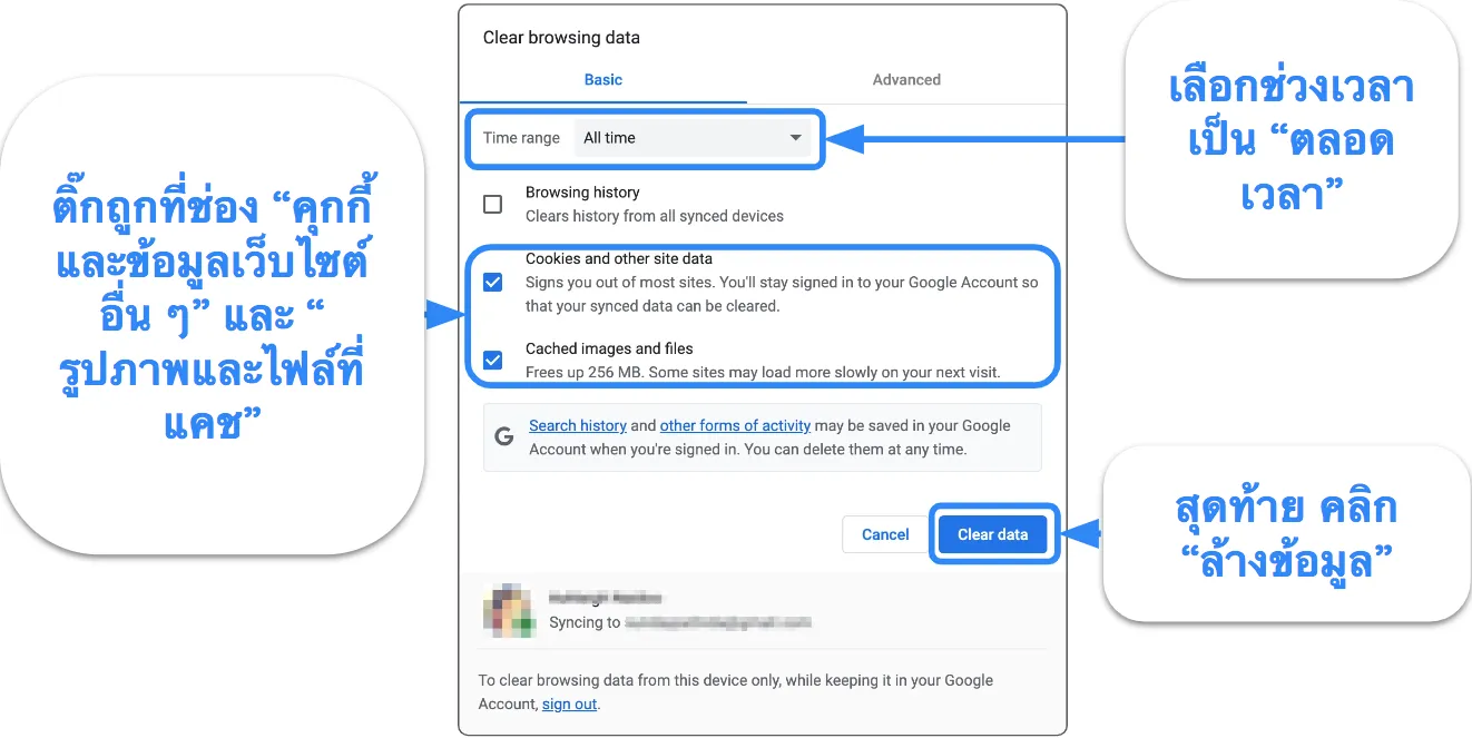 ภาพหน้าจอของ Google Chrome ที่แสดงการตั้งค่าสำหรับการล้างแคชและคุกกี้
