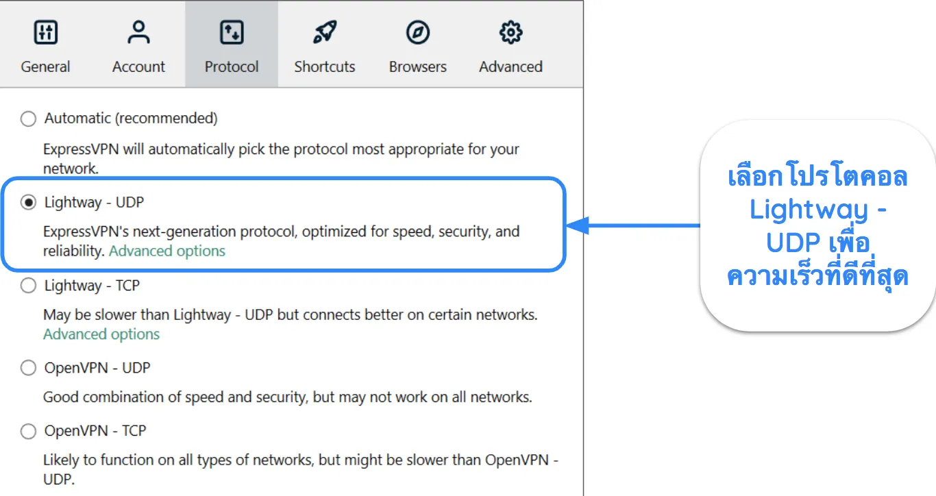 ภาพหน้าจอของอินเทอร์เฟซ ExpressVPN ที่แสดง Lightway - เลือกโปรโตคอล UDP