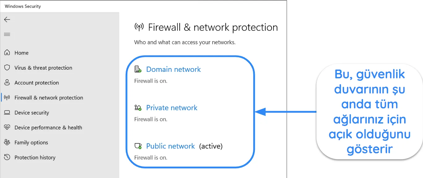 Windows G&uuml;venlik uygulamasının G&uuml;venlik Duvarı ve ağ koruma durumunu g&ouml;steren ekran g&ouml;r&uuml;nt&uuml;s&uuml;.