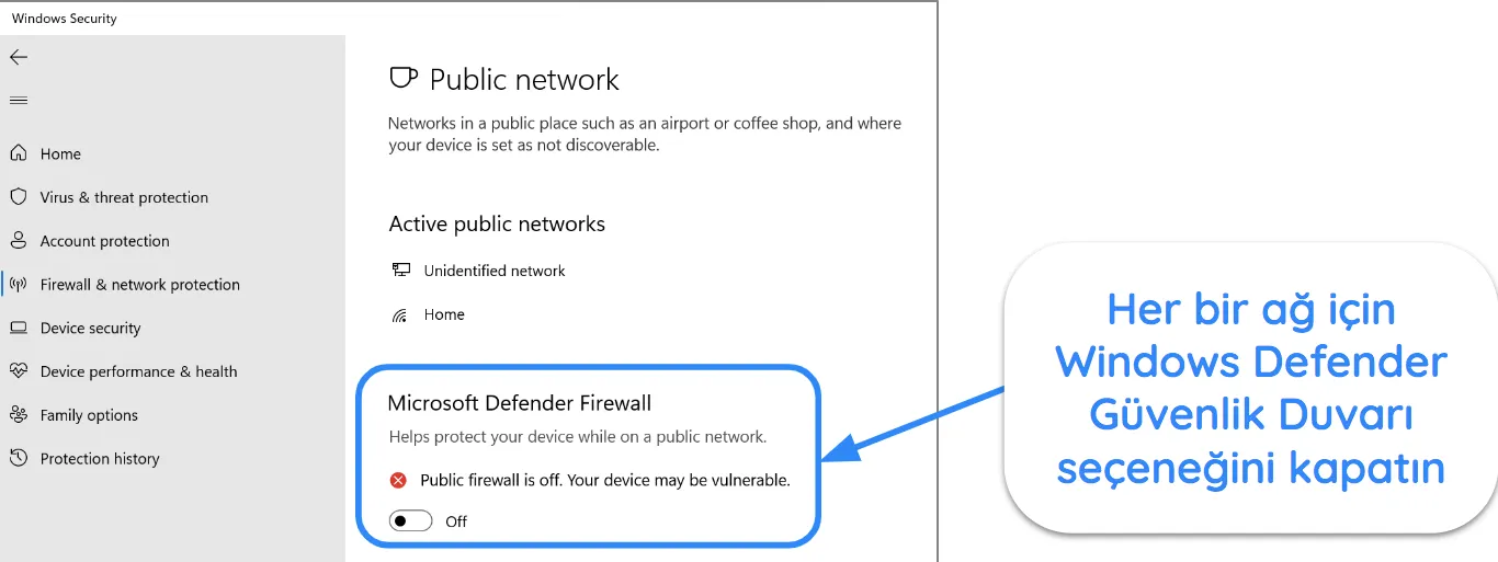 Windows G&uuml;venlik uygulamasının Microsoft Defender G&uuml;venlik Duvarı'nın kapalı olduğunu g&ouml;steren ekran g&ouml;r&uuml;nt&uuml;s&uuml;.