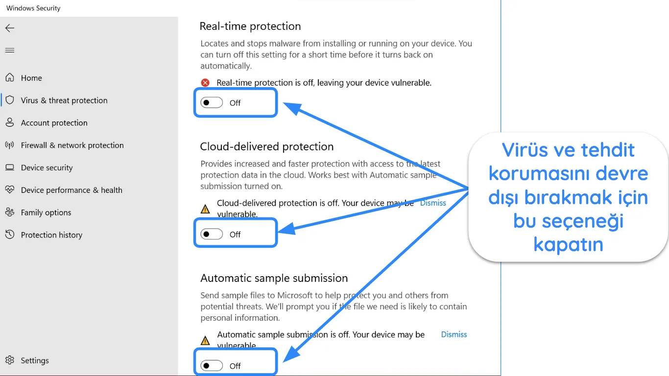 Windows G&uuml;venlik uygulamasının Vir&uuml;s ve tehdit korumanın kapalı olduğunu g&ouml;steren ekran g&ouml;r&uuml;nt&uuml;s&uuml;.