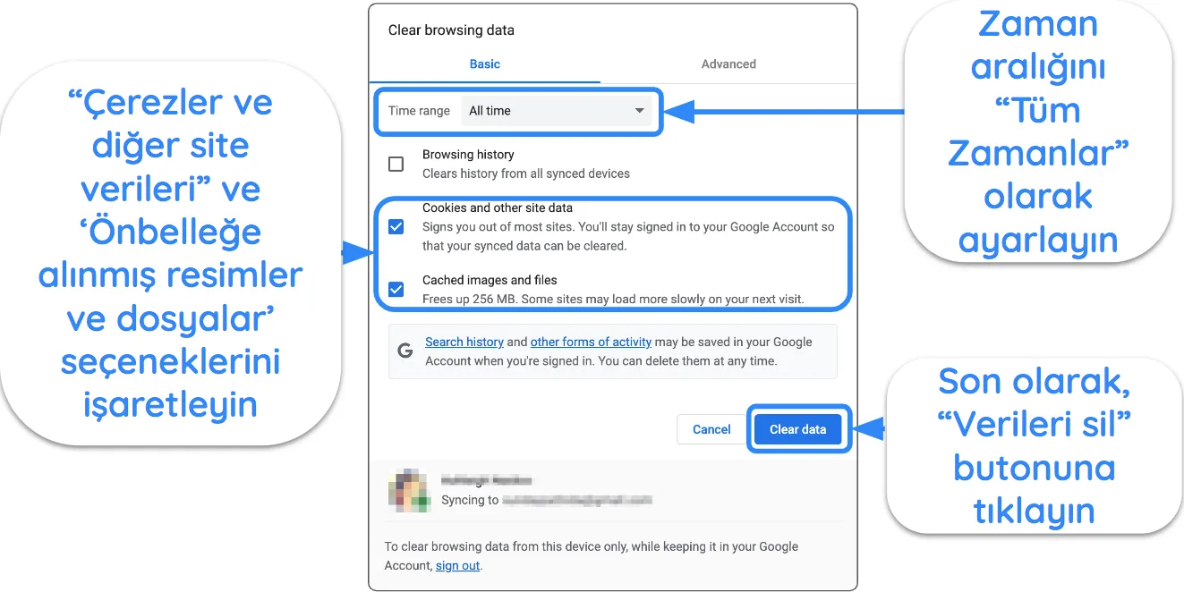 Google Chrome'un &ouml;nbelleği ve &ccedil;erezleri temizleme ayarlarını g&ouml;steren ekran g&ouml;r&uuml;nt&uuml;s&uuml;.