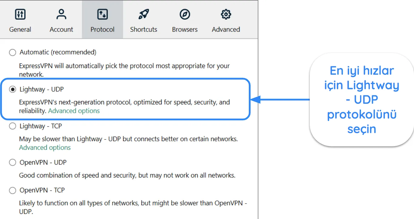 ExpressVPN aray&uuml;z&uuml;n&uuml;n Lightway - UDP protokol&uuml;n&uuml;n se&ccedil;ili olduğunu g&ouml;steren ekran g&ouml;r&uuml;nt&uuml;s&uuml;.