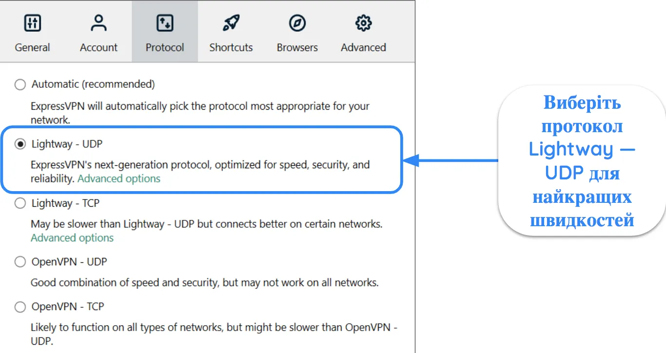 Знімок екрана інтерфейсу ExpressVPN, на якому показано вибраний протокол Lightway &ndash; UDP.
