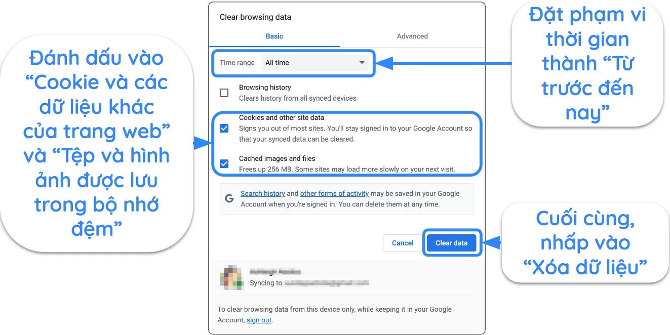 Ảnh chụp màn hình Google Chrome hiển thị các cài đặt để xóa bộ nhớ đệm và cookie.