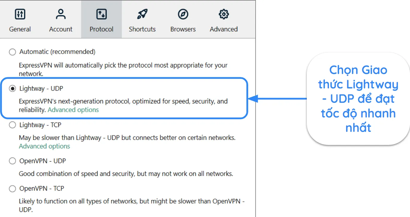 Ảnh chụp màn hình giao diện ExpressVPN hiển thị Lightway - giao thức UDP đã chọn.