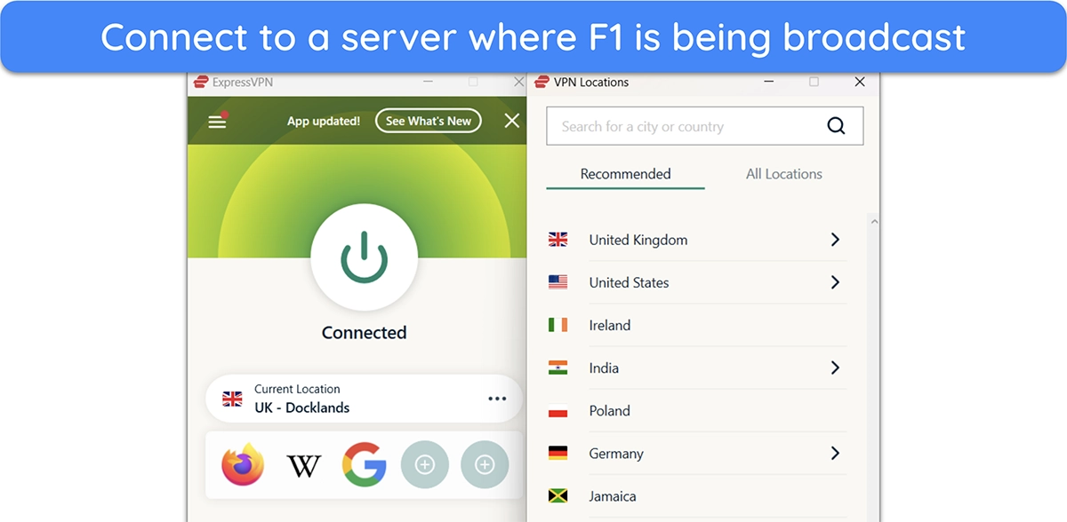 Screenshot showing ExpressVPN connected to a country where live F1 races are broadcast