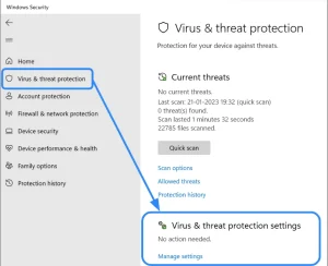 Screenshot der Windows-Sicherheits-App mit dem Status des Viren- und Bedrohungsschutzes.