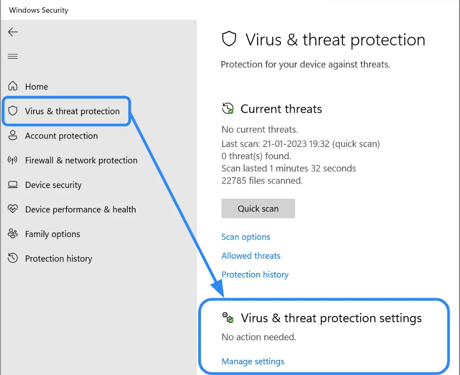 Skjermbilde av Windows Security-appen som viser virus- og trusselbeskyttelsesstatus.