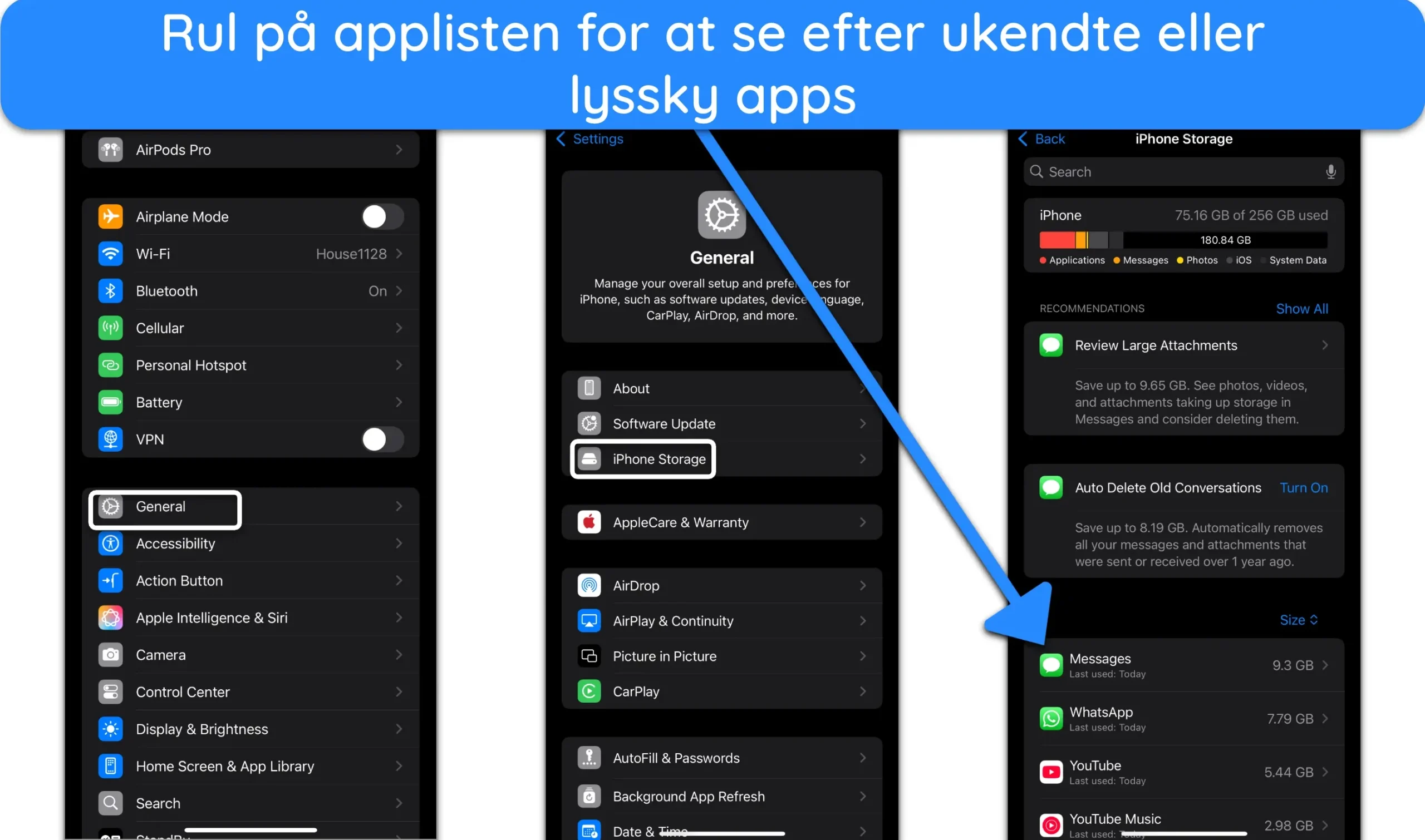 Skærmbillede af listen over apps, der vises under iPhone Storage.