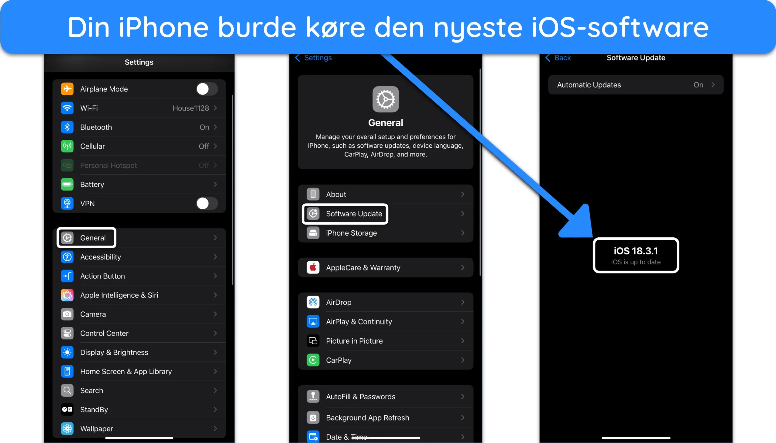 Skærmbillede, der viser en iPhone, der kører den nyeste version af iOS.