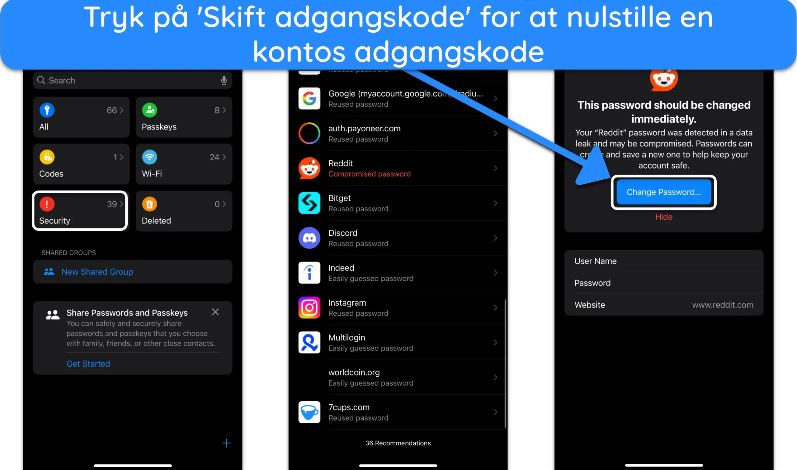 Skærmbillede af iPhones adgangskode-app, der viser en liste over svage og kompromitterede adgangskoder, og hvordan man ændrer adgangskode.