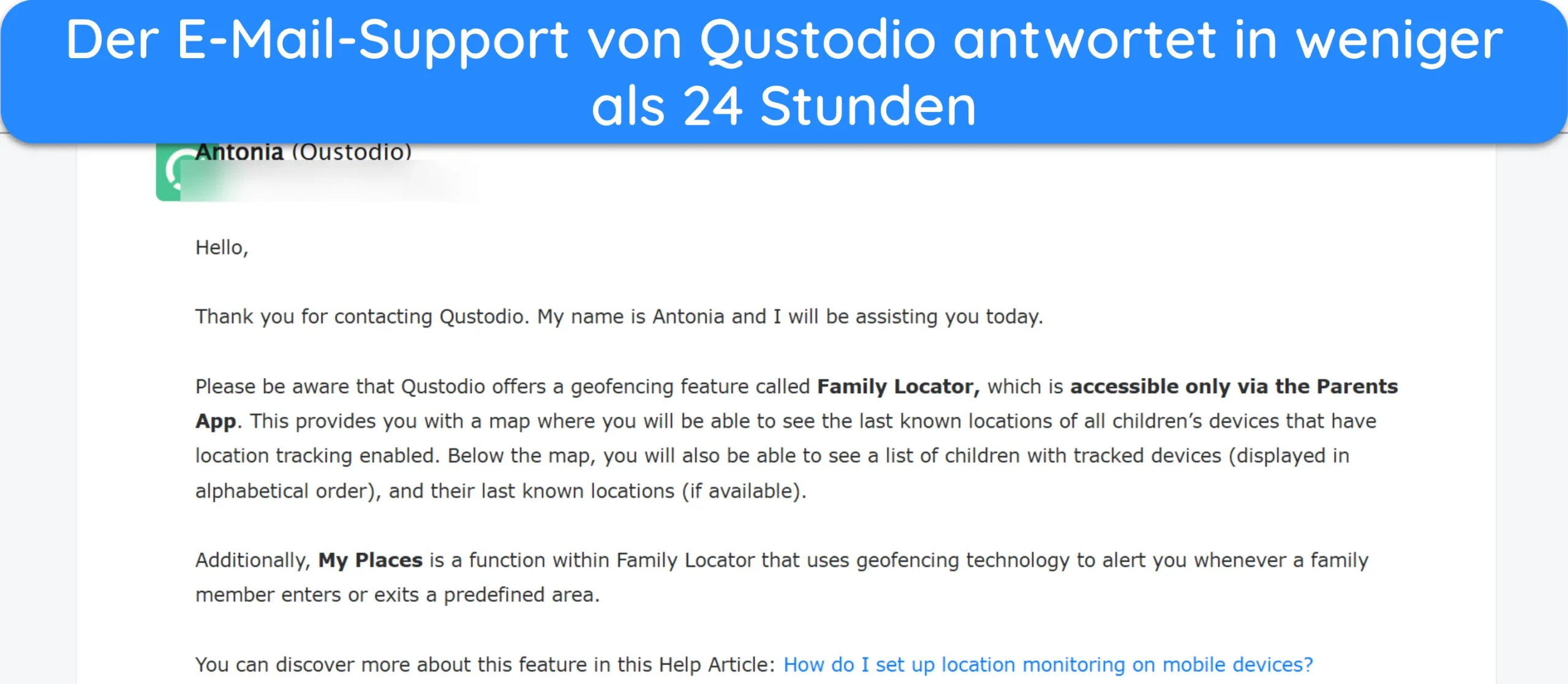 Screenshot der Antwort des Qustodio-E-Mail-Supports.