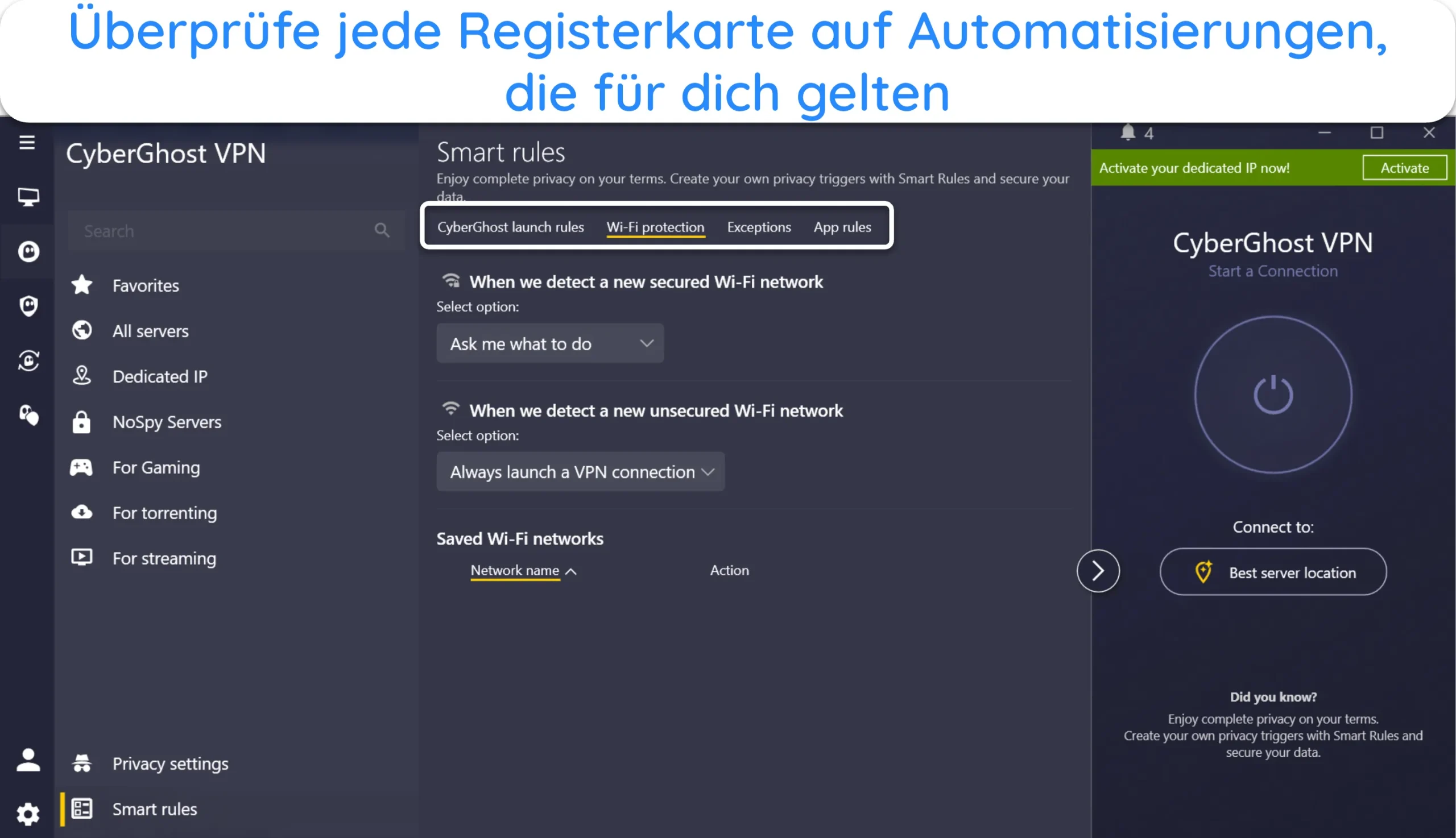 Screenshot der Smart-Rules-Einstellungen von CyberGhost.