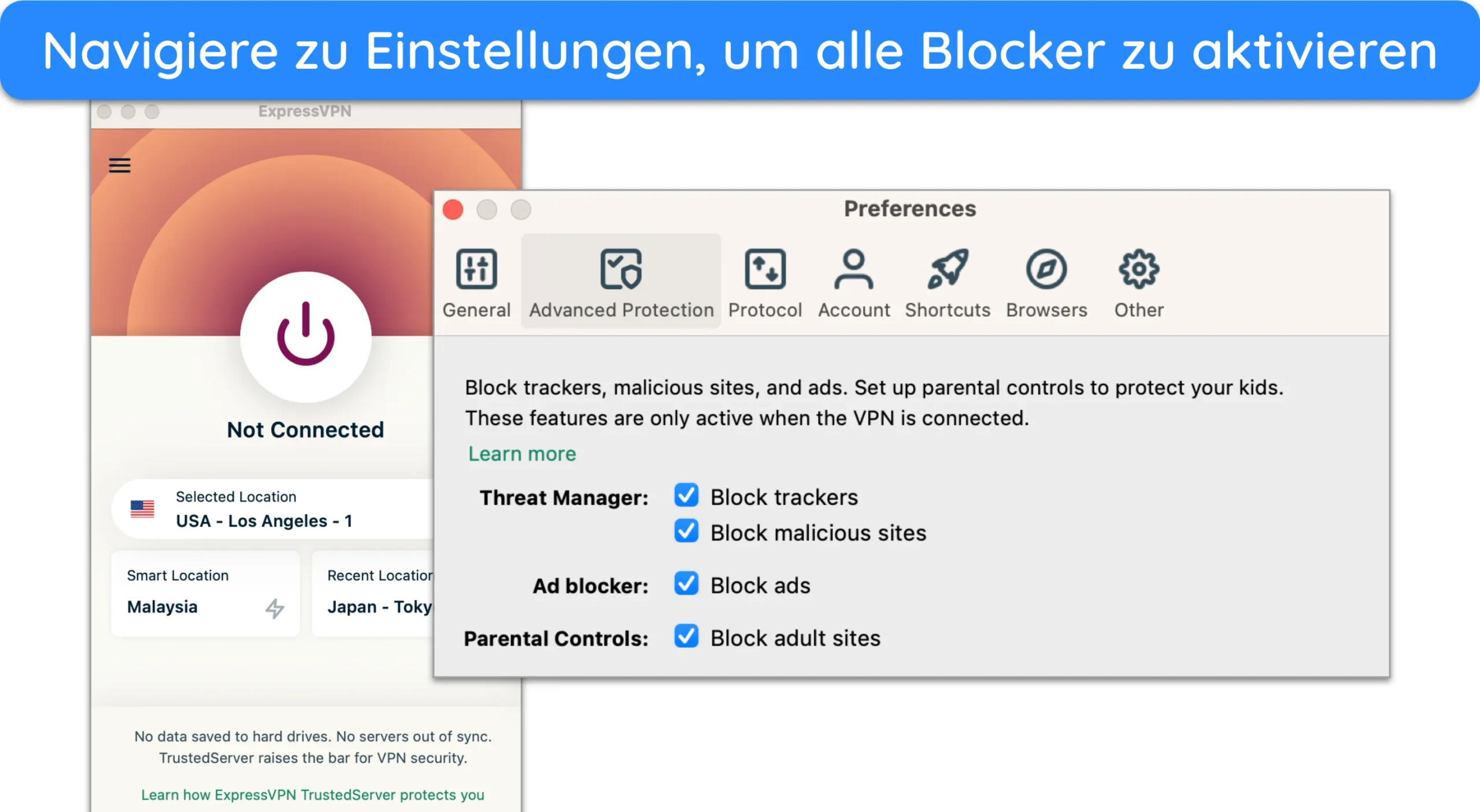 Screenshot der erweiterten Schutzoptionen von ExpressVPN.