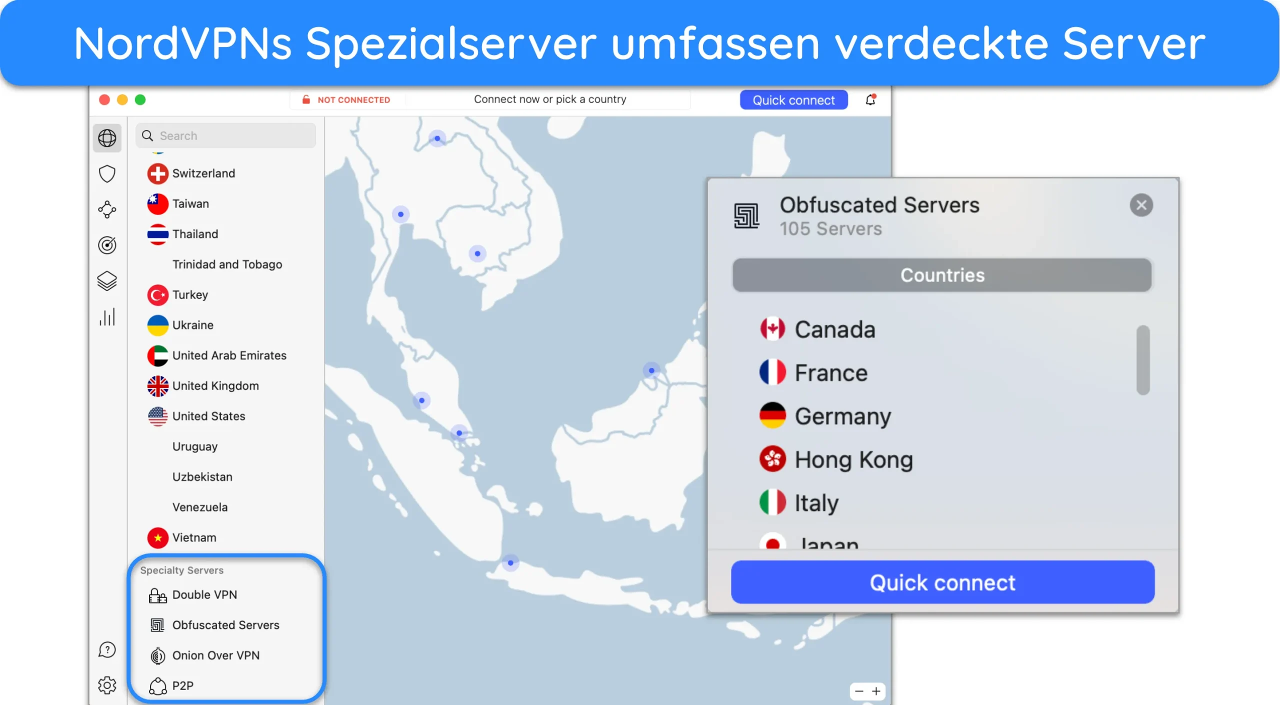 Screenshot der Spezialserver und verschleierten Server von NordVPN.
