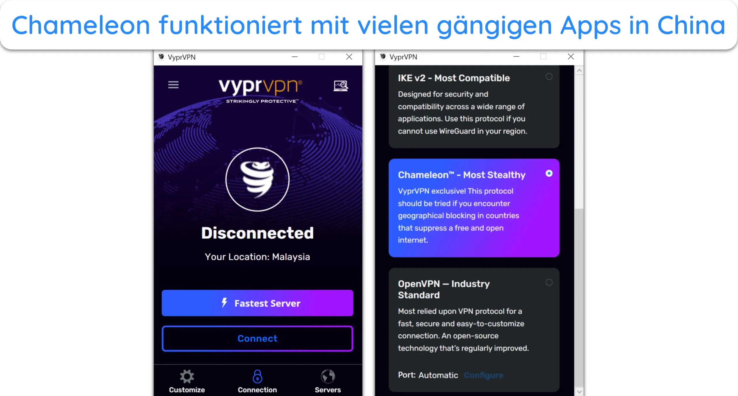 Screenshot der Chameleon-Protokolloption von VyprVPN in den Einstellungen.
