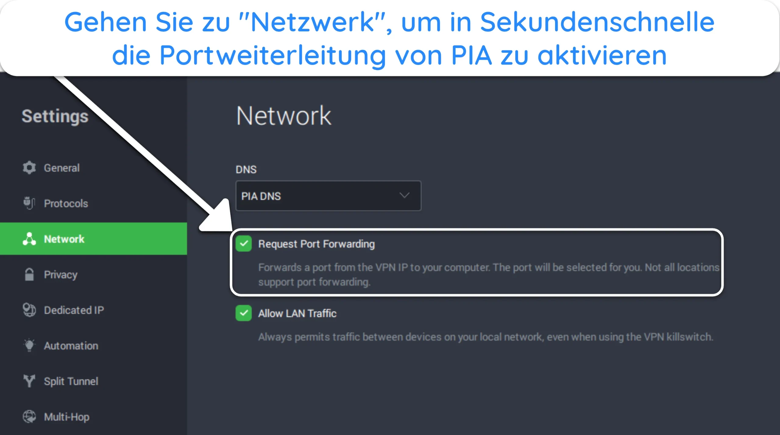 Screenshot der Windows-App von PIA, der zeigt, wie die Portweiterleitung im Menü „Netzwerkeinstellungen“ aktiviert wird.