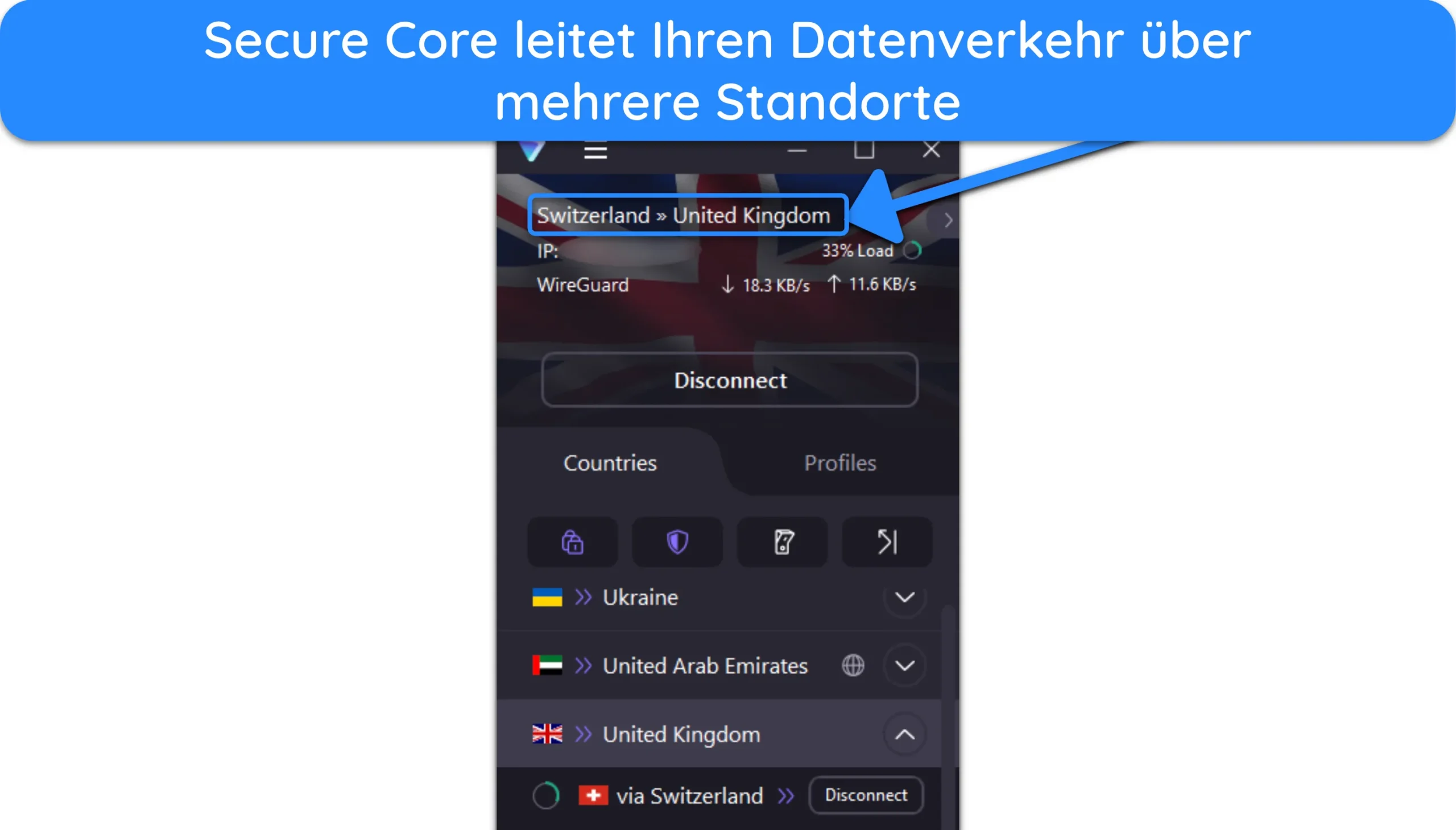 Screenshot der Secure Core Connection in der Proton VPN-App.