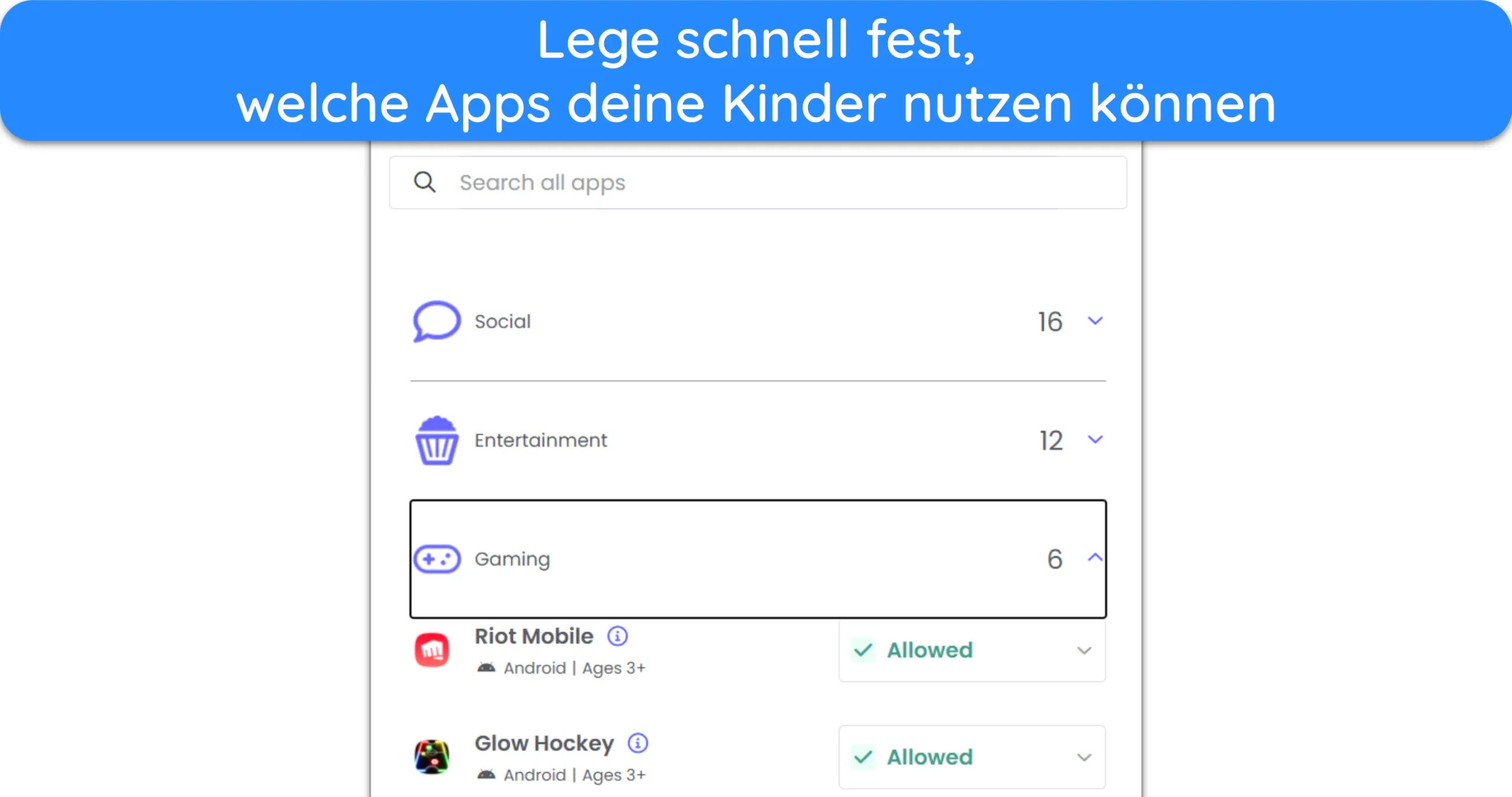 Screenshot der Qustodio-App-Organisation nach Kategorien.