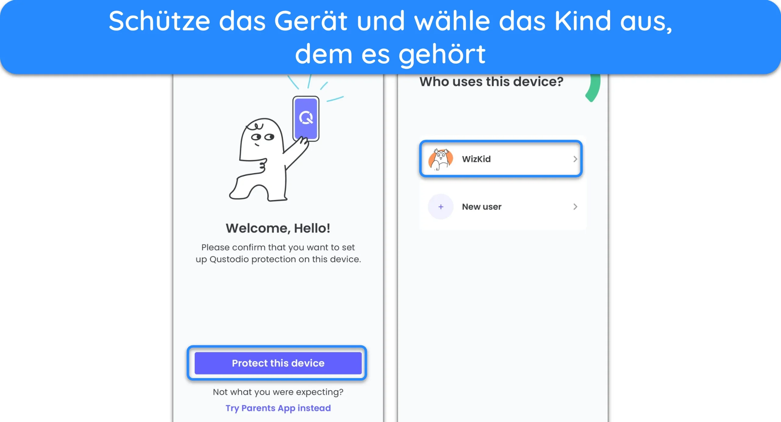 Screenshot, der zeigt, wie Sie die Qustodio Kids-Android-App konfigurieren.