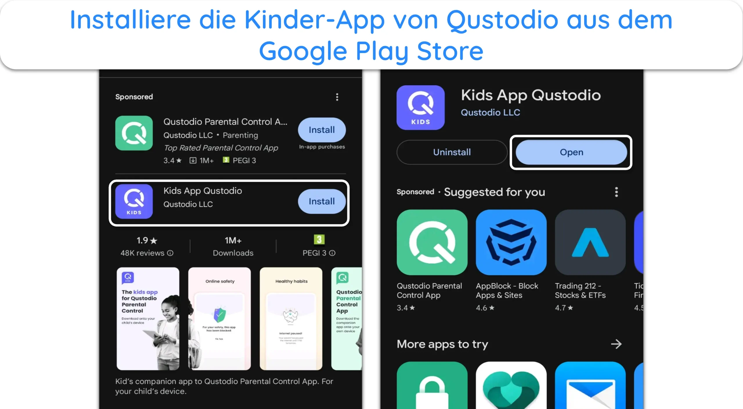 Screenshot, der zeigt, wie Sie die Qustodio Kids-App aus dem Google Play Store installieren.