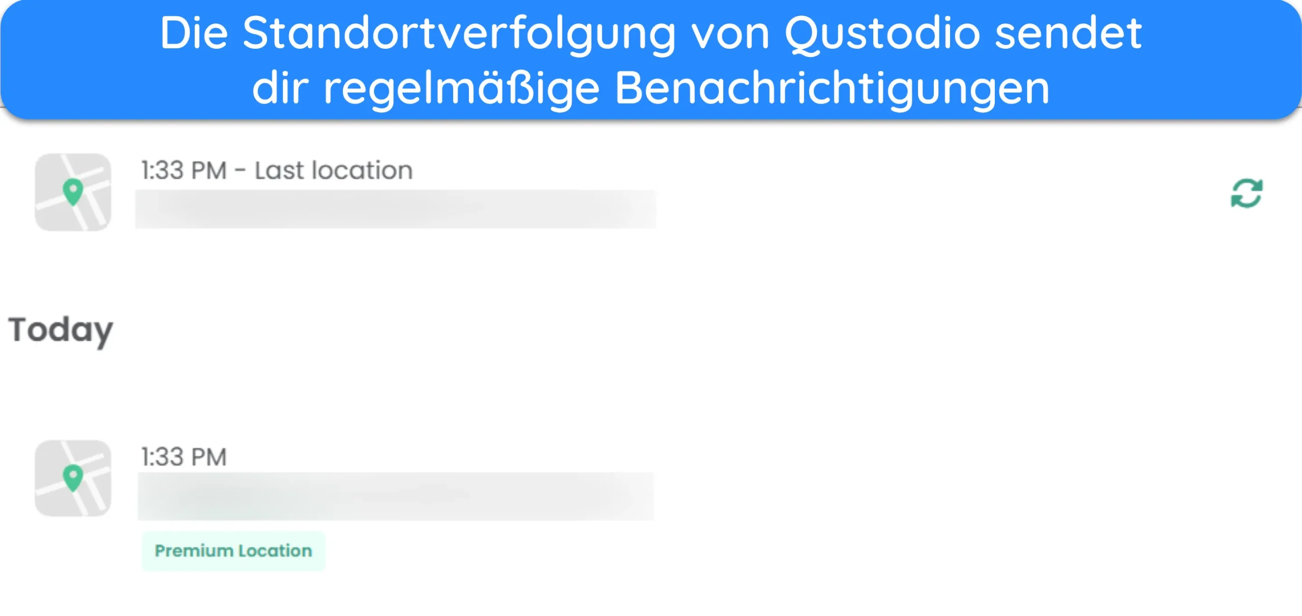Screenshot der Qustodio-Standortverfolgung mit Benachrichtigungen zum Standort eines Kindes.