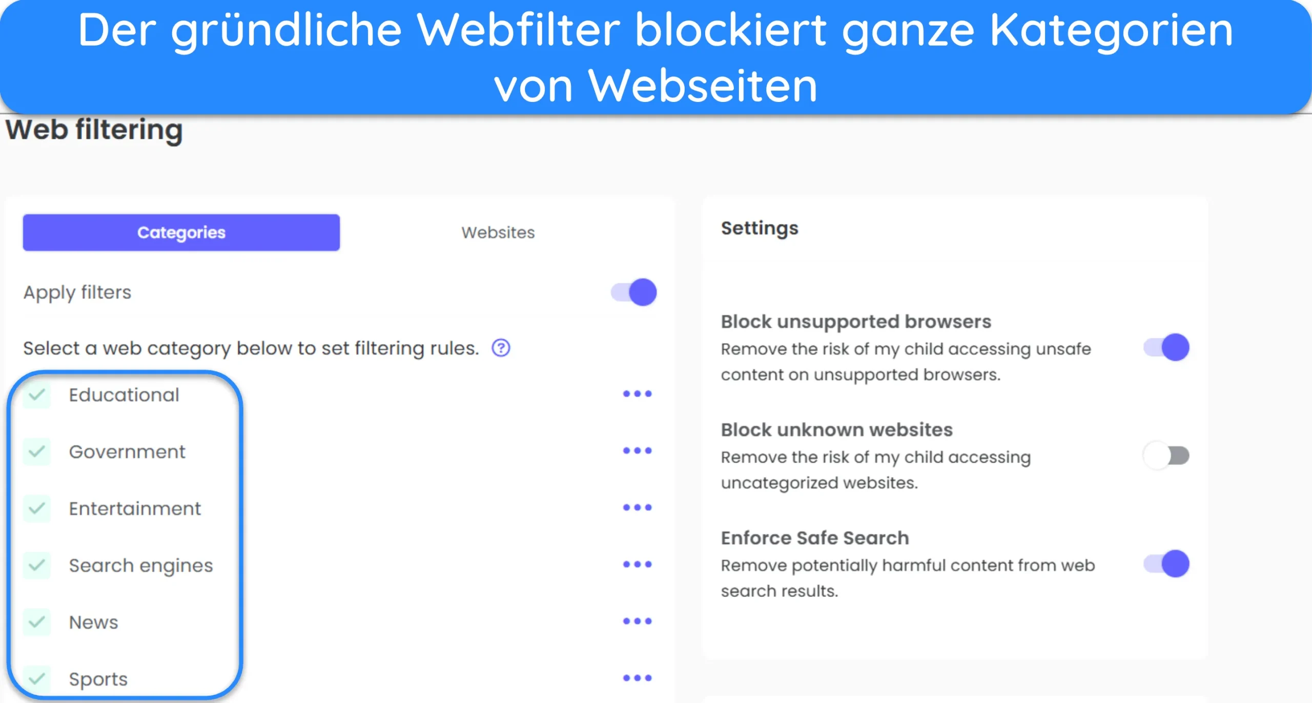 Screenshot der Qustodio-Webfilter-Anpassung.