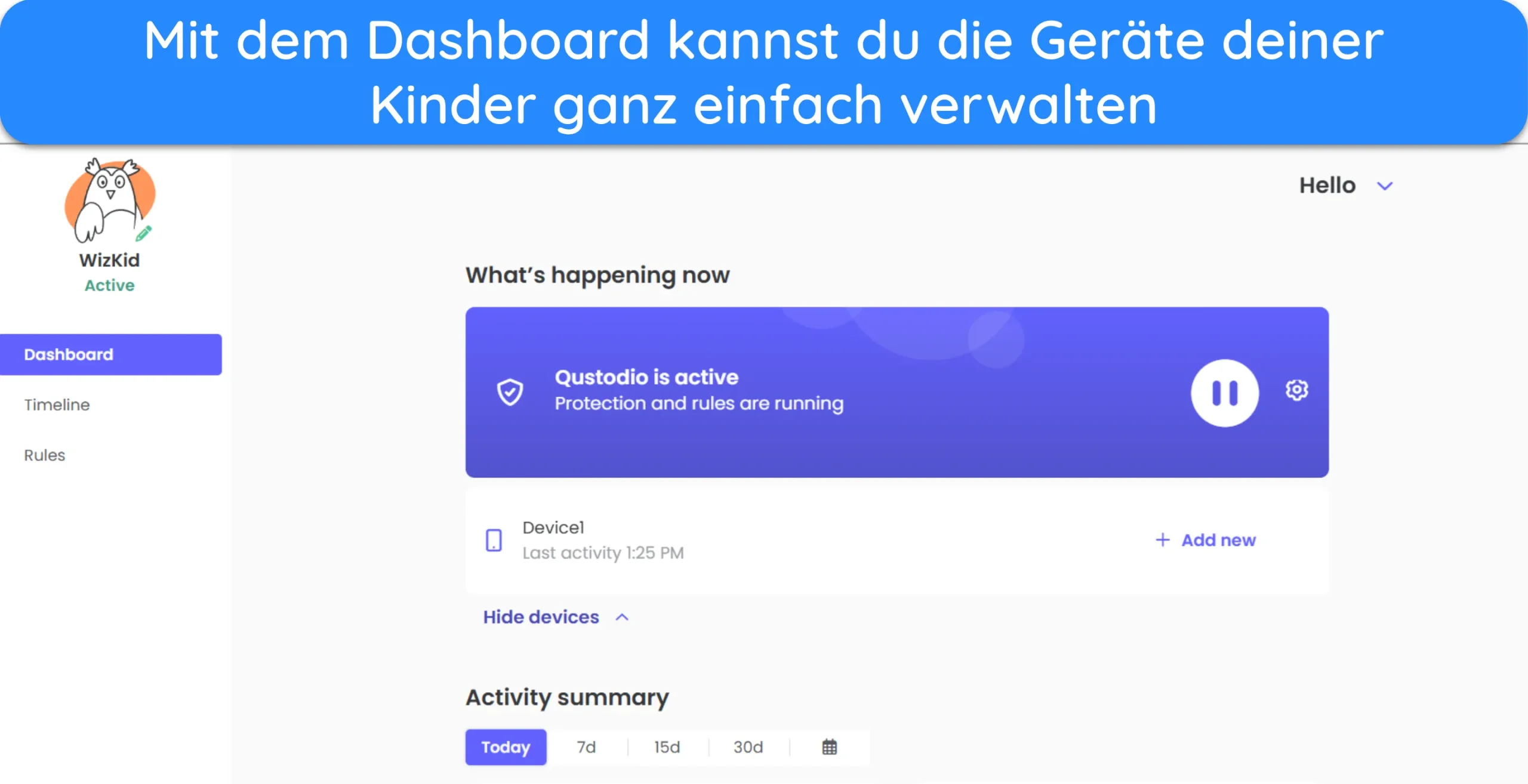 Screenshot des Qustodio-Eltern-Dashboards.