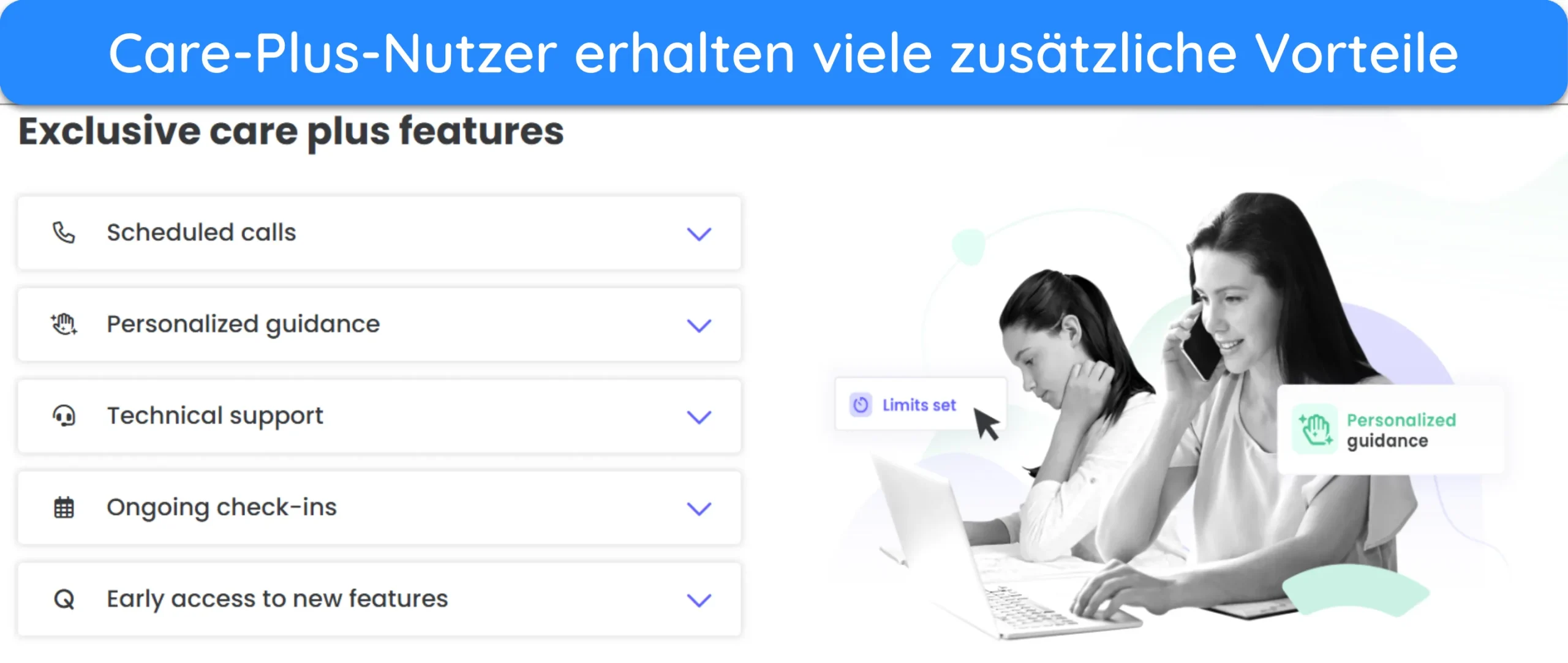 Screenshot der zus&auml;tzlichen Vorteile von Qustodio Care Plus.