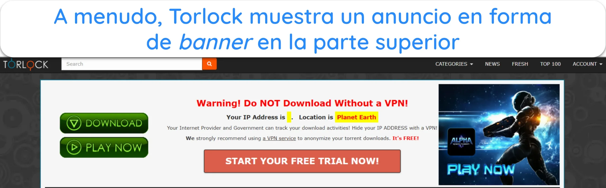 Captura de pantalla de un banner publicitario grande en el sitio web de Torlock.