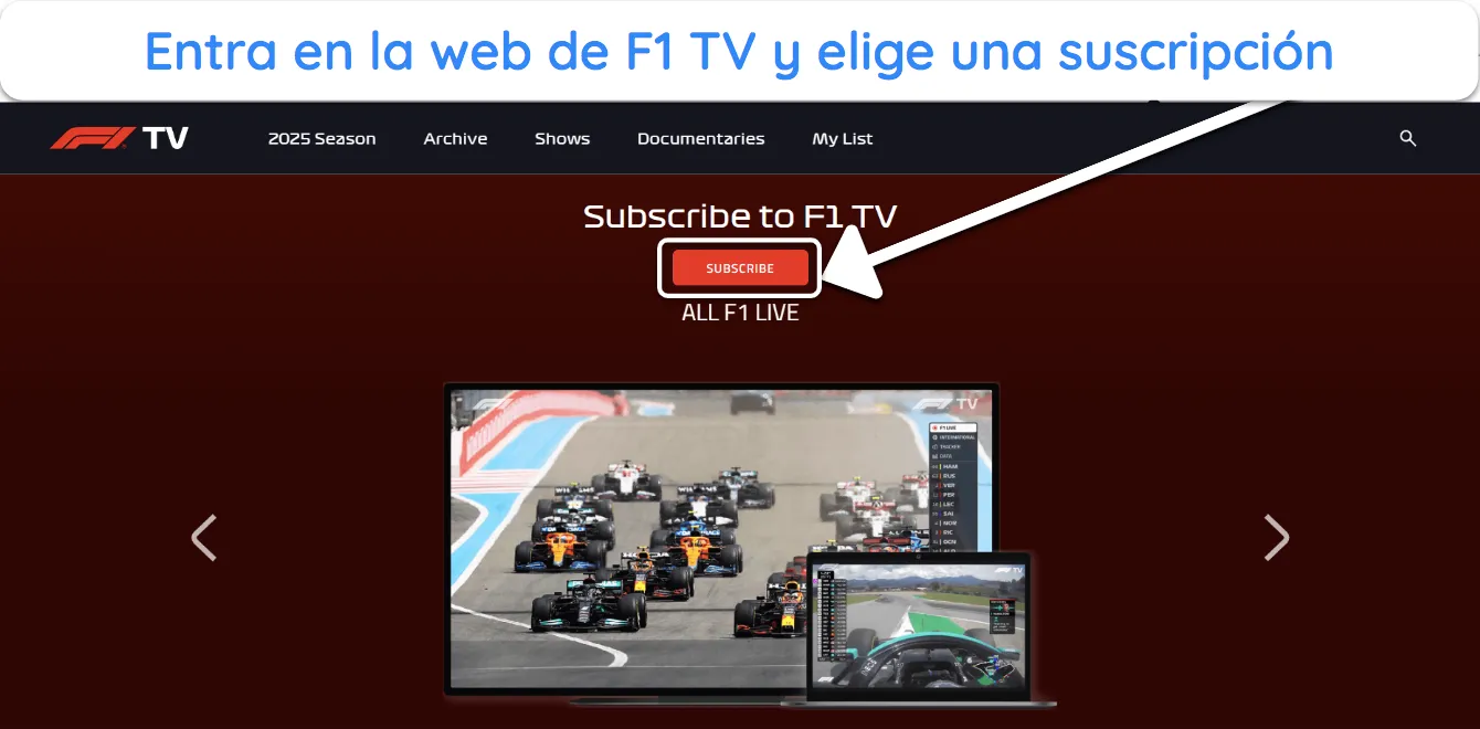 Captura de pantalla que muestra cómo obtener una suscripción a F1 TV.