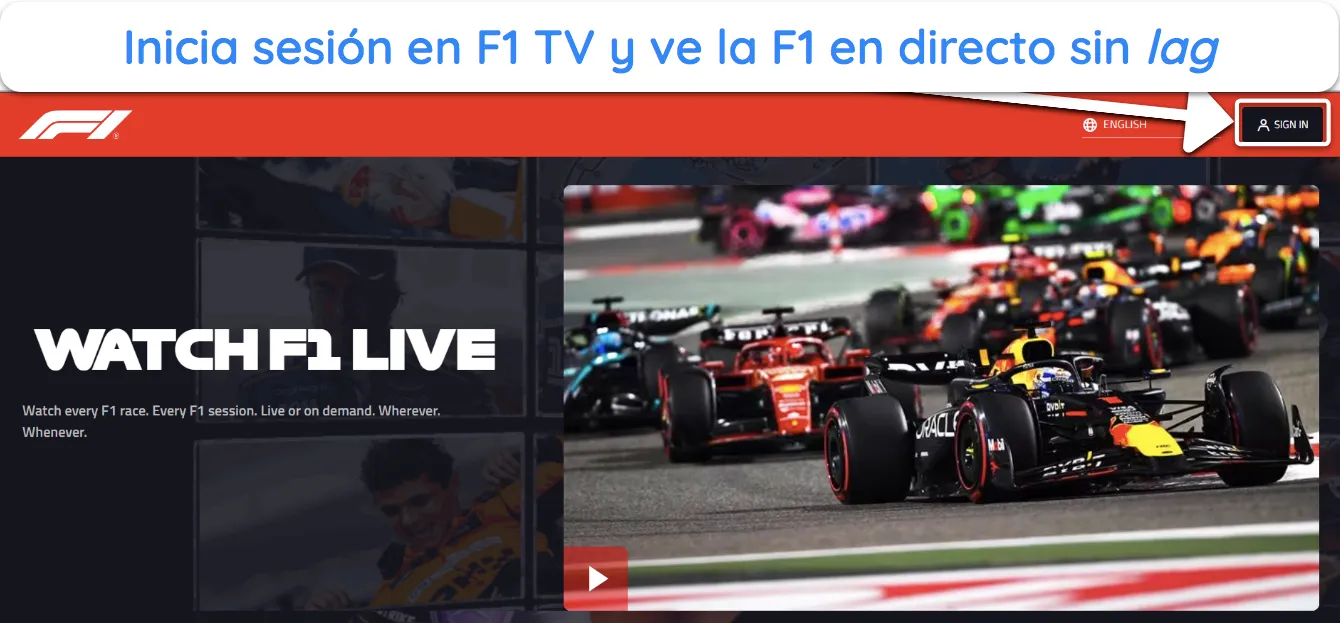 Captura de pantalla que muestra cómo iniciar sesión en F1 TV para ver carreras de F1 después de suscribirse.