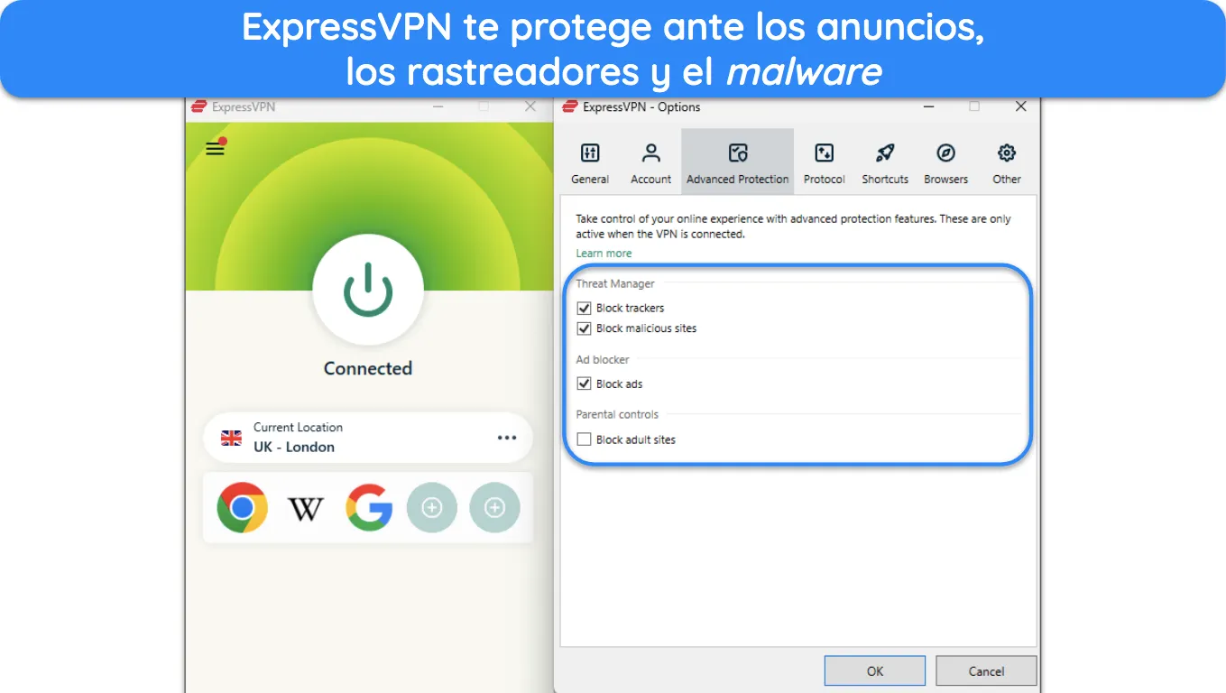 Captura de pantalla de la aplicación de ExpressVPN para Windows, que destaca las funciones de Protección Avanzada.