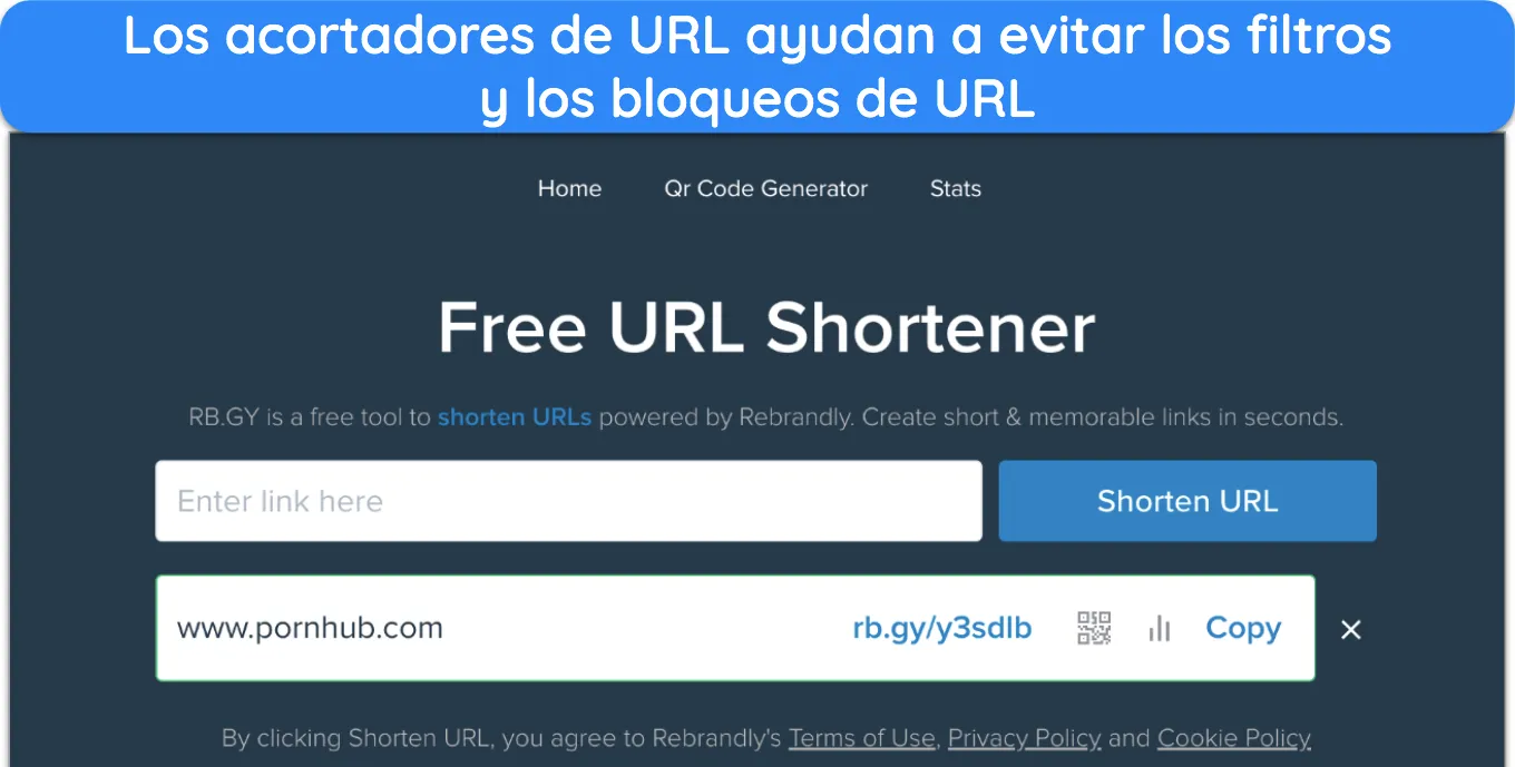 Captura de pantalla del acortador de URL RB.GY con un enlace acortado para Pornhub.