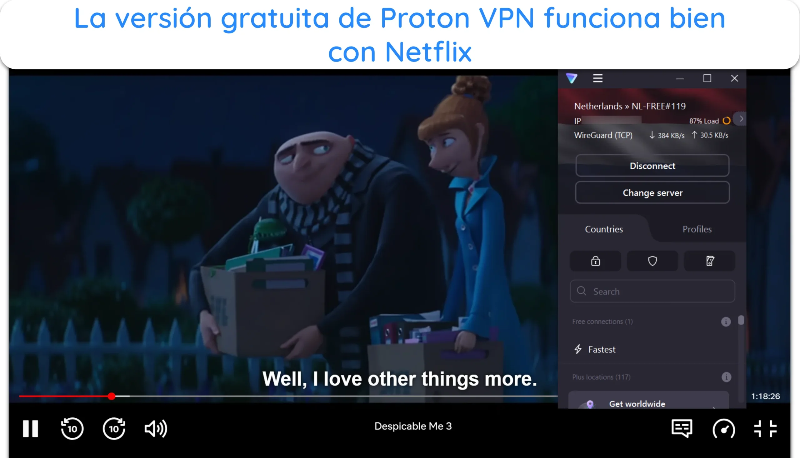 Captura de pantalla que muestra Netflix funcionando mientras está conectado a un servidor gratuito de Proton VPN en los Países Bajos.