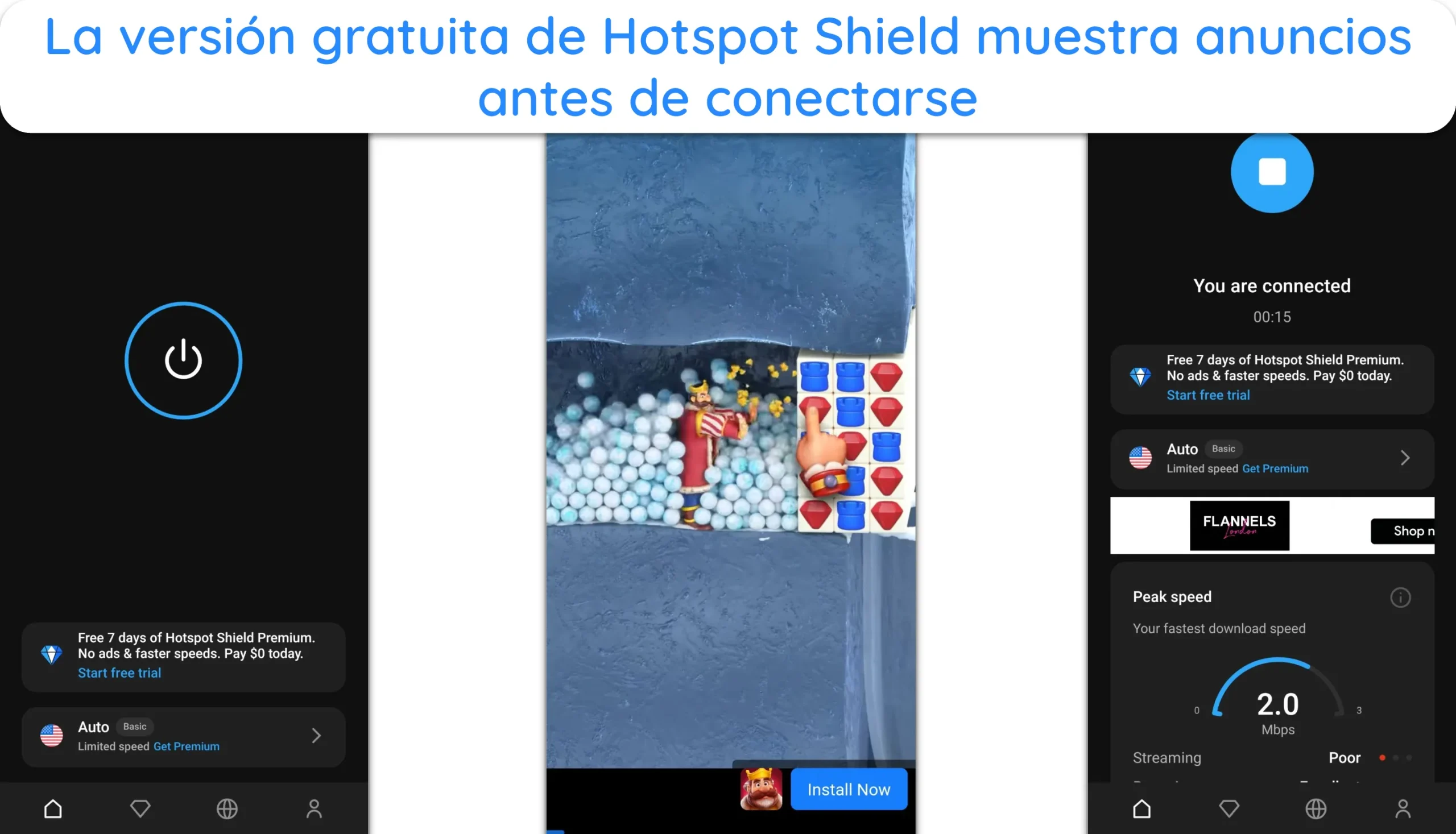 Captura de pantalla que muestra el plan gratuito de Hotspot Shield con un anuncio antes de conectarse.
