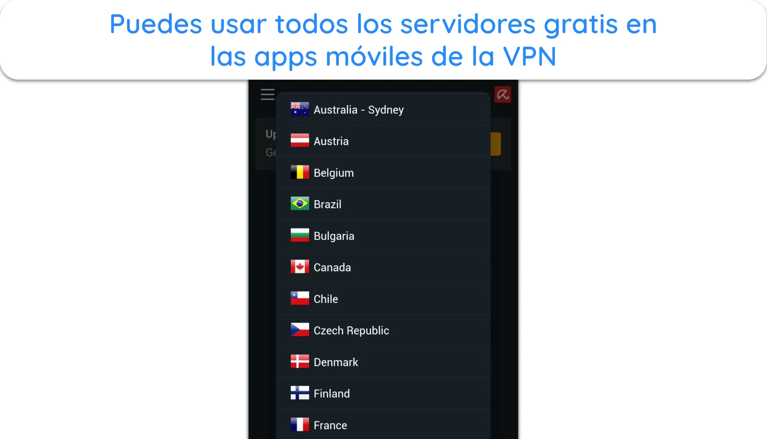 Captura de pantalla que muestra las distintas ubicaciones de los servidores en la aplicación móvil de Avira VPN.