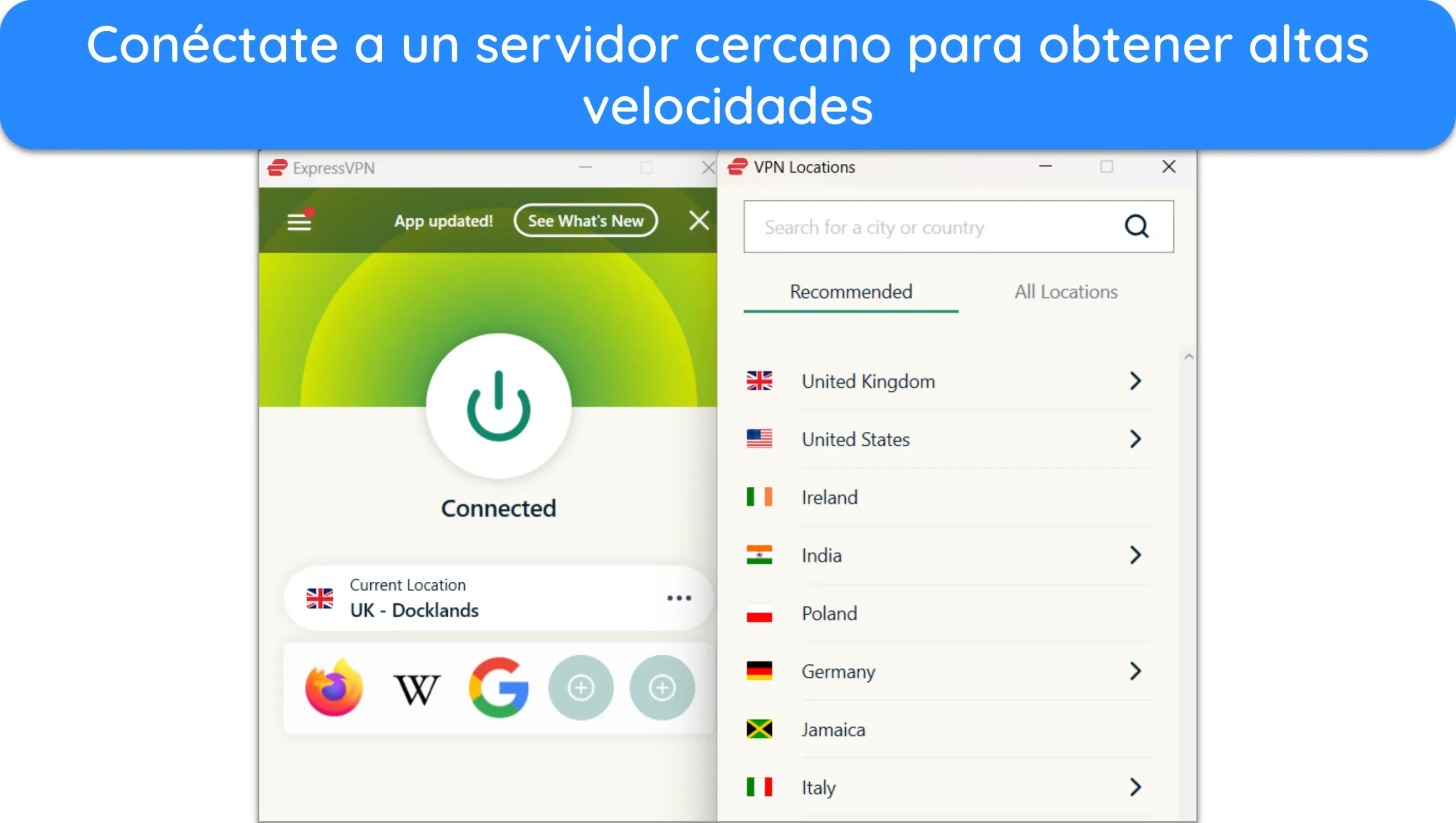 Captura de pantalla de ExpressVPN conectado a un servidor cercano.