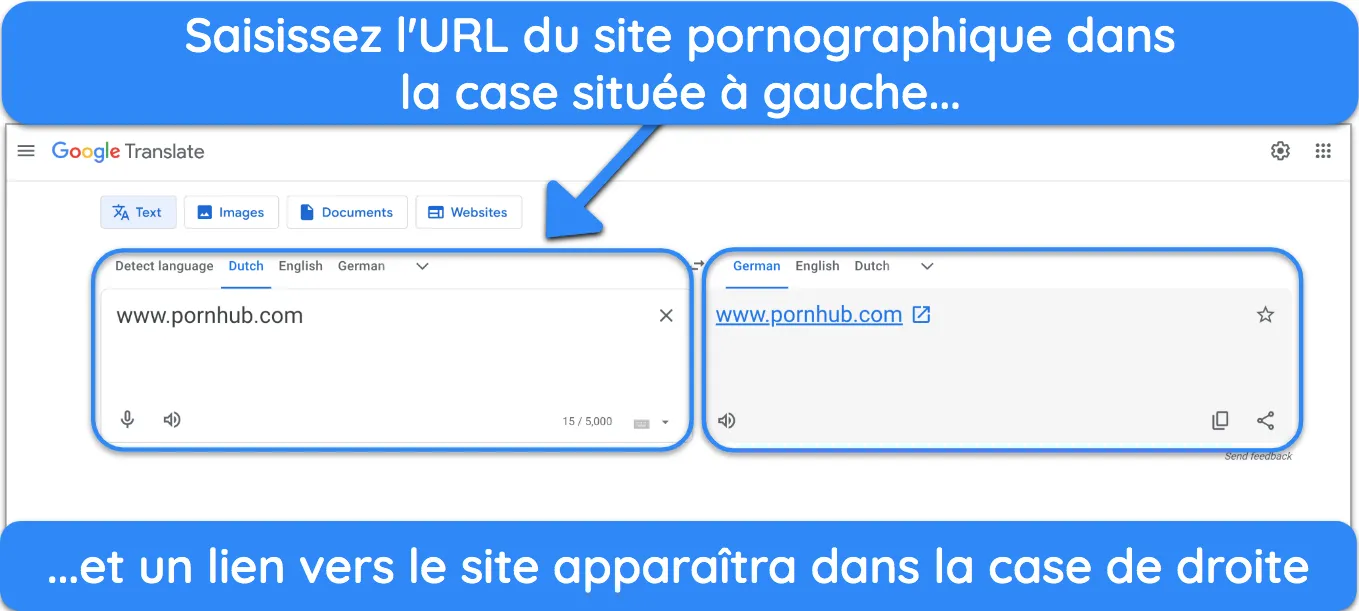 Interface Google Traduction affichant une traduction sur le visionnage de contenu pour adultes en toute sécurité.