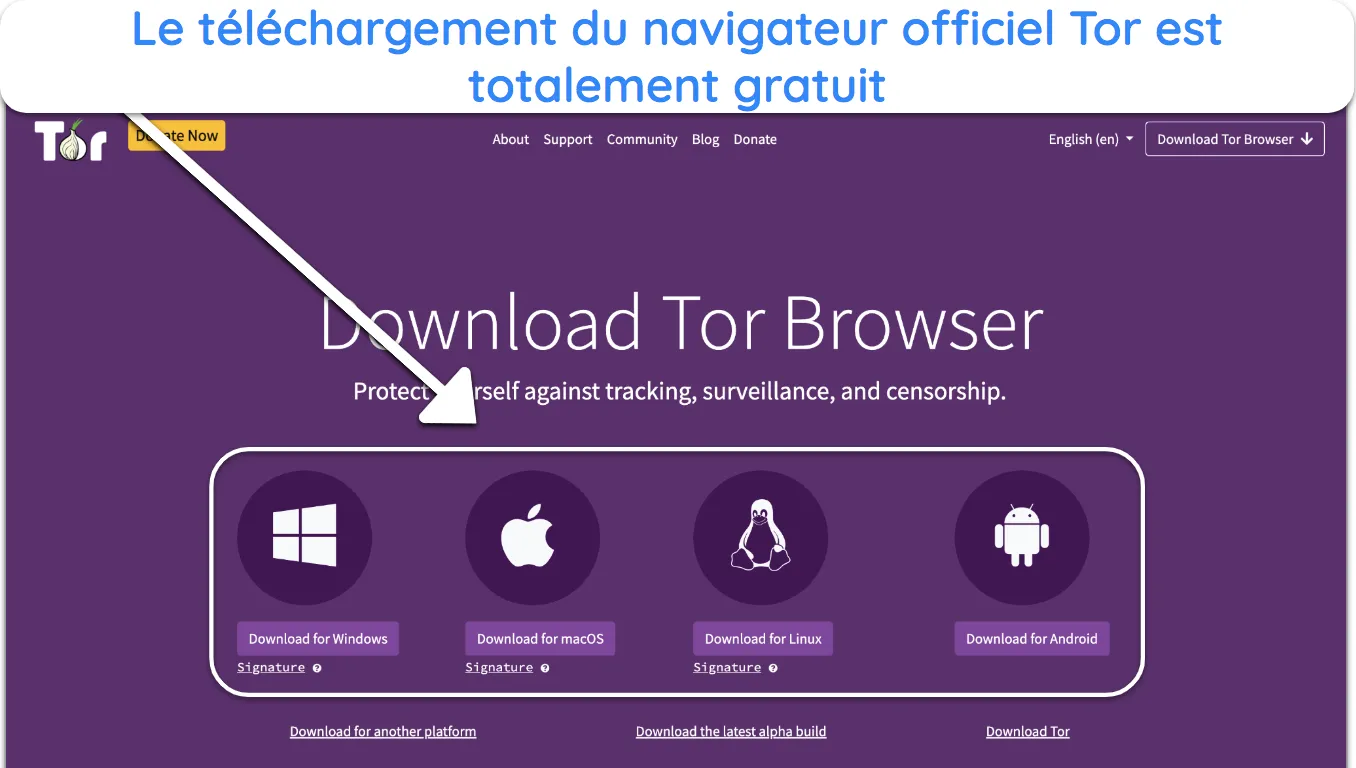 Image du site web officiel du navigateur Tor, mettant en avant les options de téléchargement gratuit.