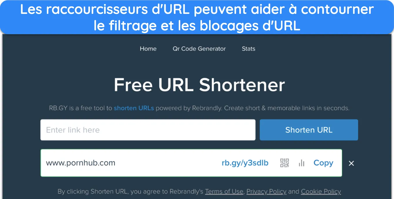 Capture d'écran du raccourcisseur d'URL RB.GY avec un lien raccourci vers Pornhub.